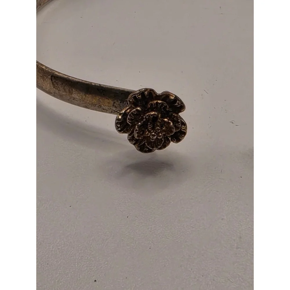 Sterling Silver S925 Rose Flower Bangle Bracelet Hook Eye Loop Floral Vintage
